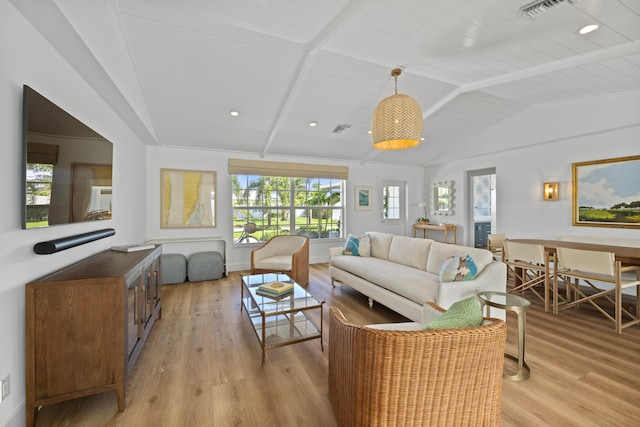 living room featuring vaulted ceiling with beams, light hardwood / wood-style floors, and wooden ceiling