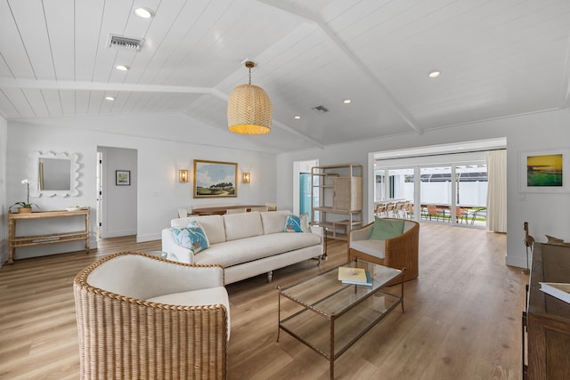 living room featuring light hardwood / wood-style floors, lofted ceiling with beams, and wooden ceiling