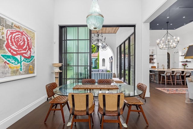 dining area featuring dark hardwood / wood-style flooring and a notable chandelier