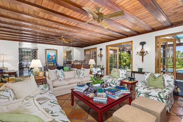 tiled living room featuring beam ceiling and wood ceiling