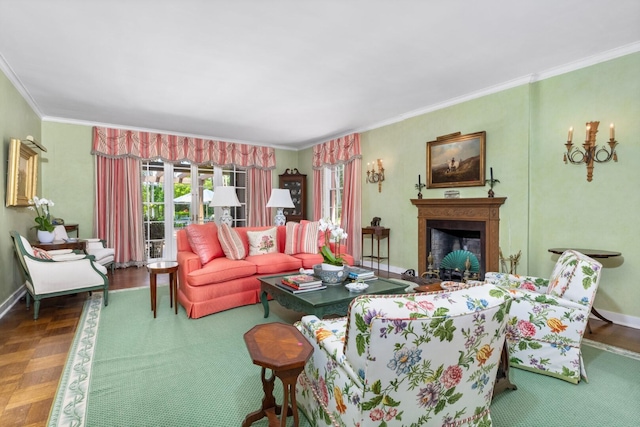 living room with dark parquet flooring and crown molding