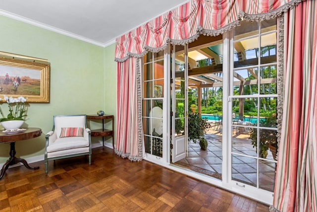 doorway featuring dark parquet flooring and ornamental molding