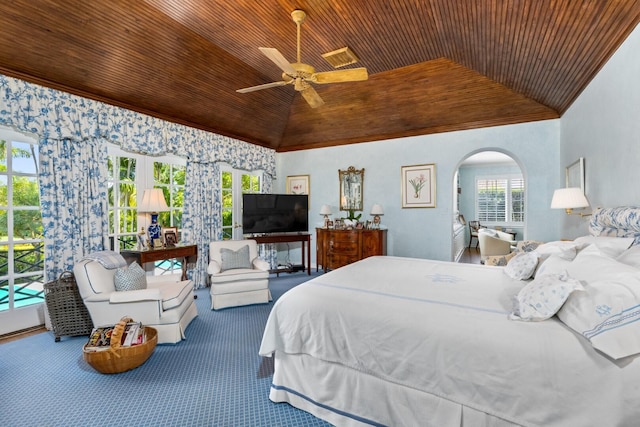 bedroom with carpet, access to outside, vaulted ceiling, ceiling fan, and wooden ceiling