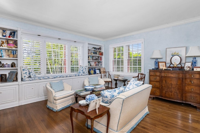 living room featuring dark hardwood / wood-style floors, built in features, and ornamental molding