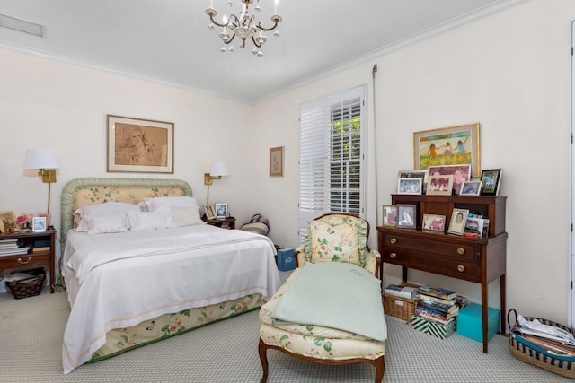 carpeted bedroom featuring crown molding and an inviting chandelier