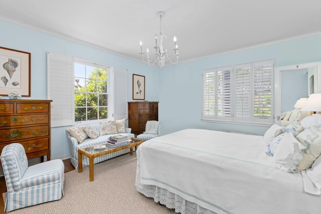 bedroom featuring ornamental molding and a chandelier