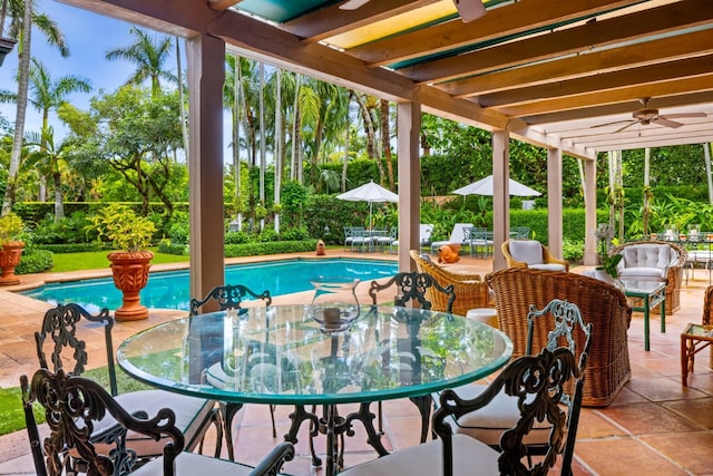 view of pool with a patio area and ceiling fan