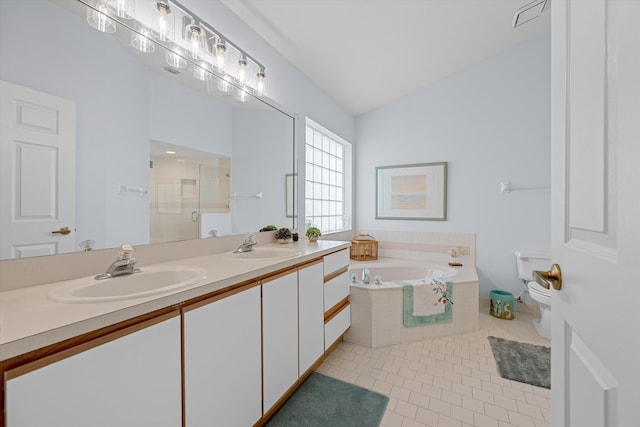 full bathroom featuring toilet, tile patterned floors, vanity, independent shower and bath, and lofted ceiling