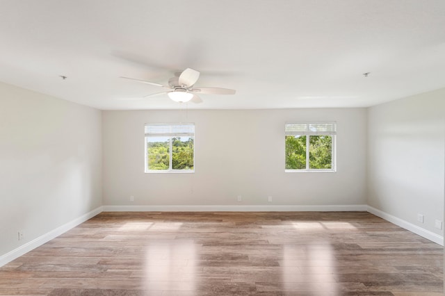 spare room featuring light wood-type flooring, a wealth of natural light, and ceiling fan