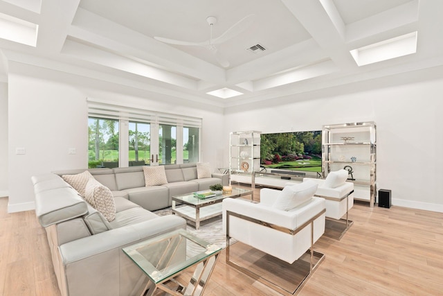 living room with light hardwood / wood-style flooring, coffered ceiling, beamed ceiling, and french doors