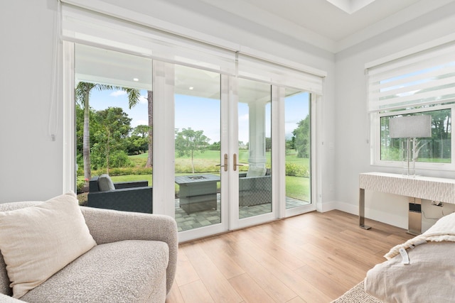 interior space with light wood-type flooring, multiple windows, access to exterior, and french doors