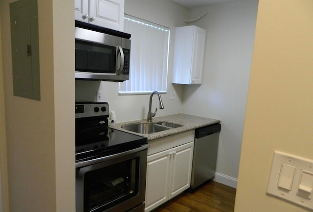 kitchen with electric panel, sink, appliances with stainless steel finishes, and white cabinets