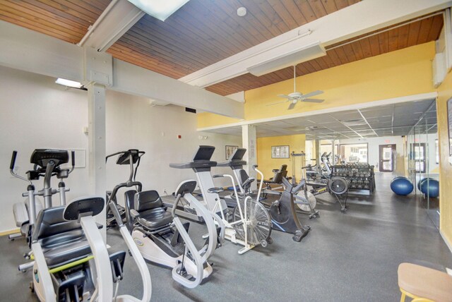 gym with wood ceiling and ceiling fan