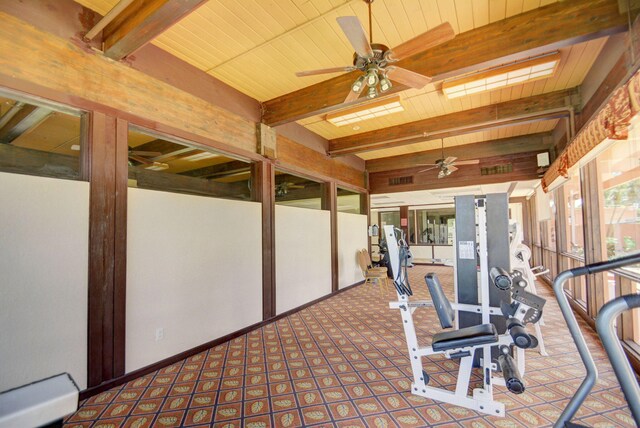 interior space with wood ceiling, beam ceiling, and ceiling fan