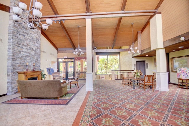 tiled living room featuring wooden ceiling, beamed ceiling, high vaulted ceiling, and a notable chandelier