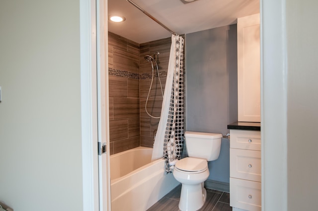 bathroom featuring toilet and shower / bathtub combination with curtain