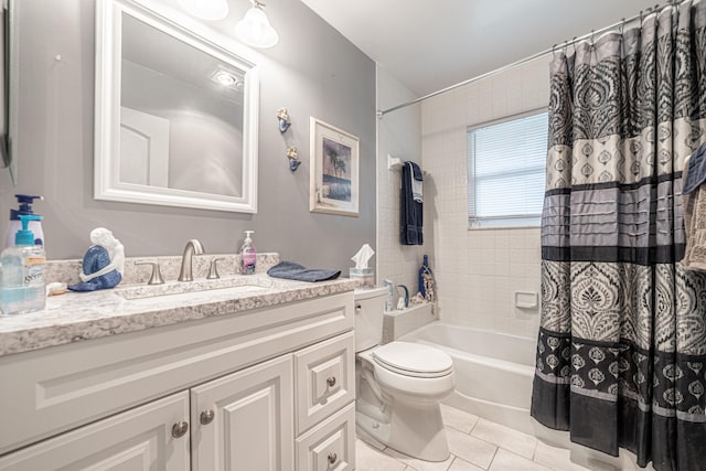 full bathroom featuring shower / bath combination with curtain, vanity, toilet, and tile patterned floors