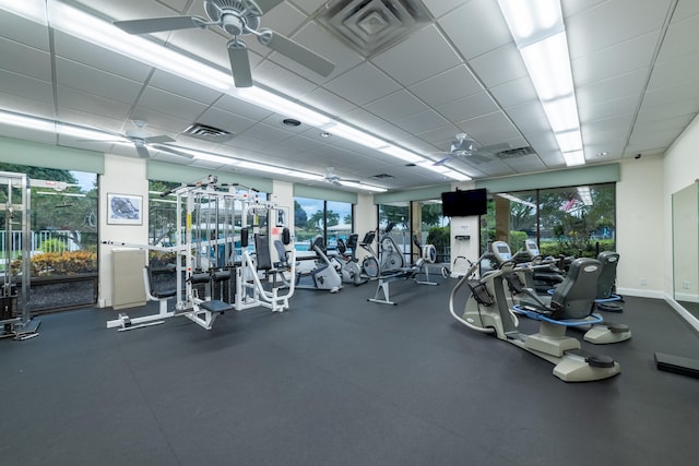 exercise room featuring a drop ceiling and ceiling fan