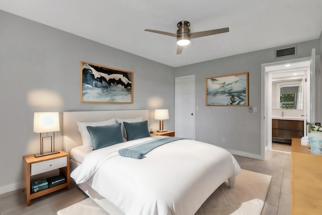 164 Normandy D, Delray Beach, FL 33484 - bedroom with baseboards, a ceiling fan, visible vents, and light tile patterned flooring