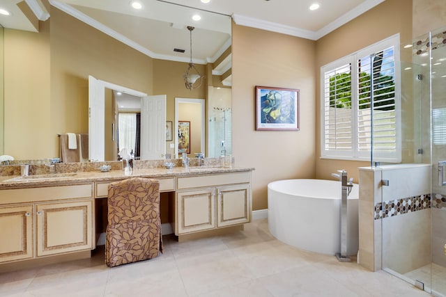 bathroom featuring ornamental molding, vanity, separate shower and tub, and tile patterned flooring