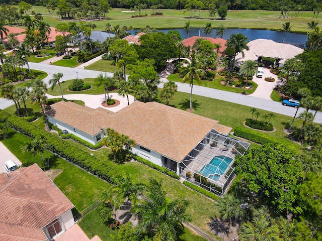 aerial view featuring a water view