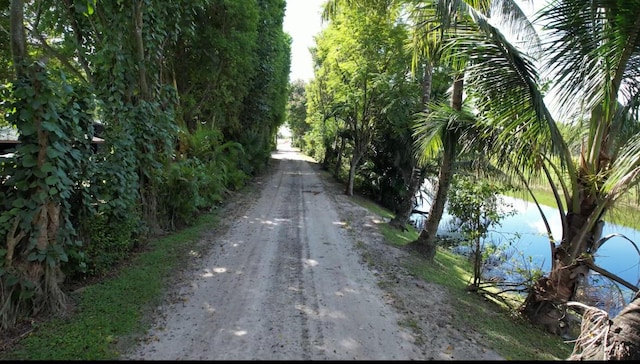 view of road with a water view