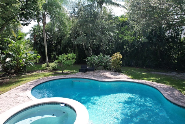 outdoor pool with an in ground hot tub