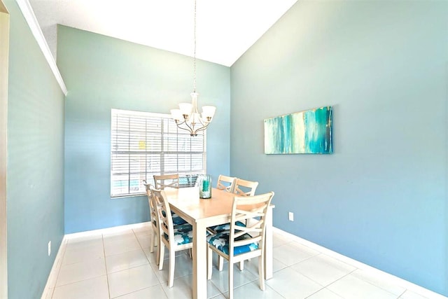 dining room featuring lofted ceiling, light tile patterned flooring, and a notable chandelier