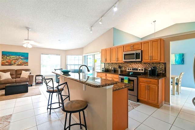 kitchen with a textured ceiling, appliances with stainless steel finishes, decorative backsplash, lofted ceiling, and ceiling fan