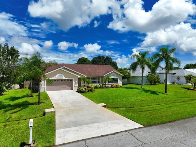 single story home featuring a garage and a front lawn