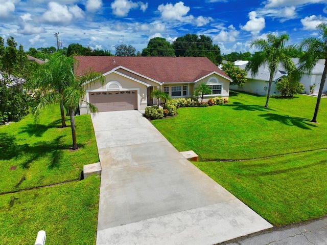 ranch-style house with a garage and a front lawn