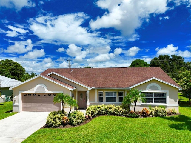 ranch-style house with a front yard and a garage