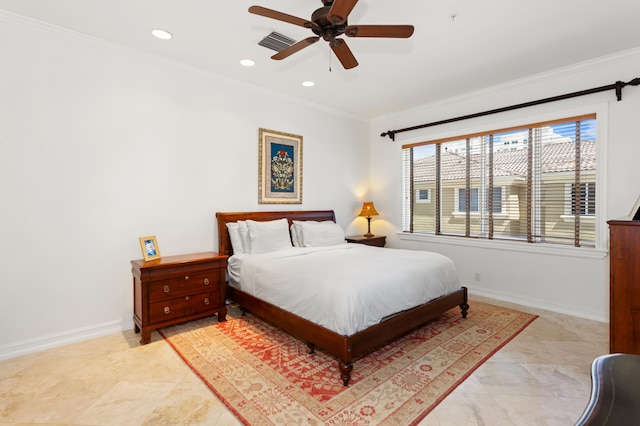 bedroom with crown molding and ceiling fan