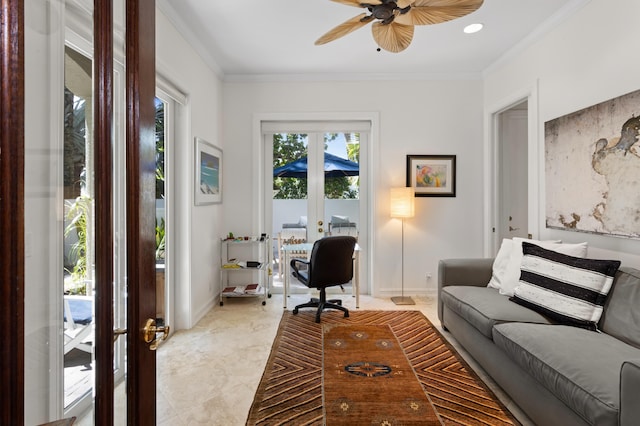 interior space featuring ceiling fan, crown molding, and french doors