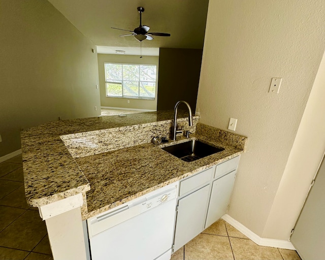 kitchen featuring dishwasher, kitchen peninsula, sink, ceiling fan, and white cabinets