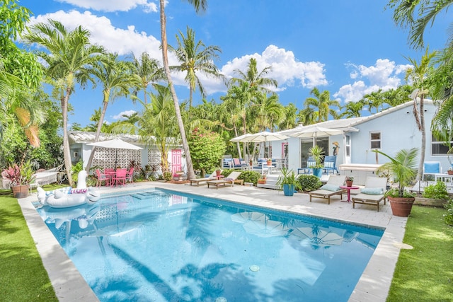 view of swimming pool featuring a patio area