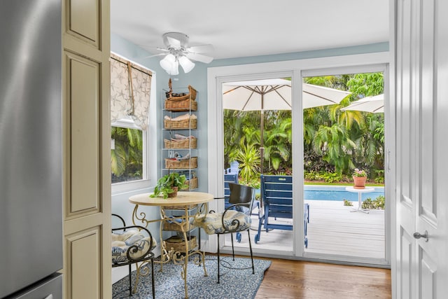 interior space with a healthy amount of sunlight, light hardwood / wood-style flooring, and ceiling fan