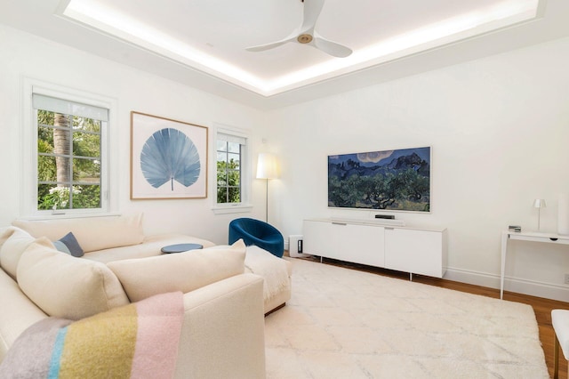 living room featuring a raised ceiling, ceiling fan, and hardwood / wood-style floors