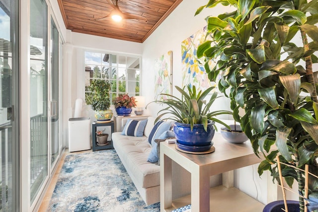 sunroom with wooden ceiling