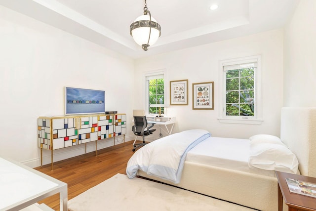 bedroom with hardwood / wood-style floors and a tray ceiling