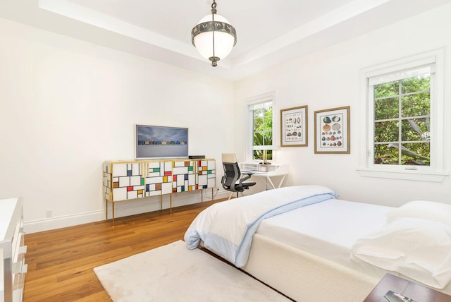 bedroom with a tray ceiling, wood-type flooring, and multiple windows