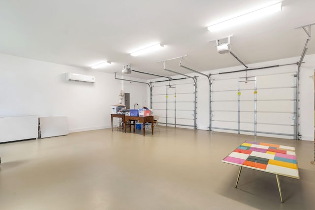 garage featuring electric panel, a wall unit AC, and a garage door opener