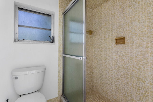 bathroom with toilet and a shower with door