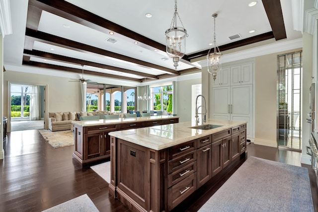 kitchen featuring a large island with sink, sink, a wealth of natural light, dark wood-type flooring, and pendant lighting