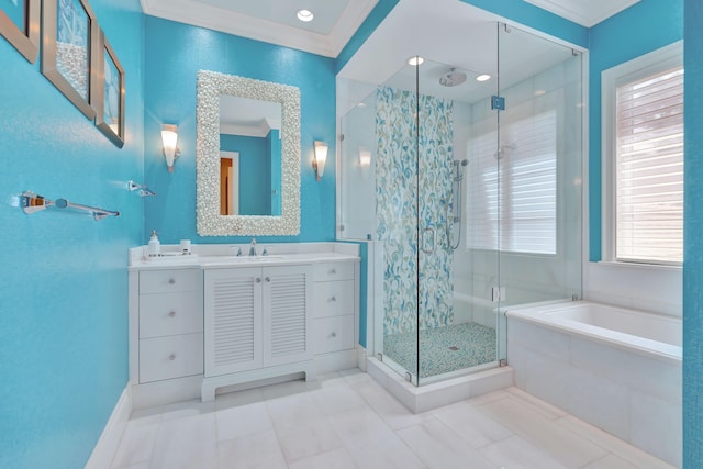 bathroom featuring ornamental molding, vanity, separate shower and tub, and tile patterned flooring