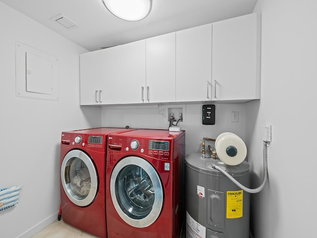 laundry room with water heater, cabinets, electric panel, and washer and clothes dryer