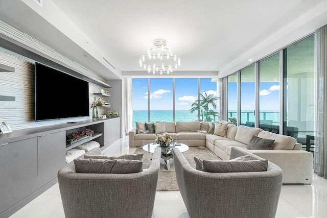 living room with light tile patterned floors, floor to ceiling windows, and an inviting chandelier