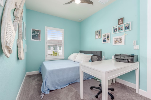 bedroom featuring ceiling fan and light colored carpet