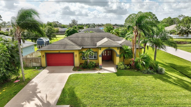 view of front of house featuring a front yard and a garage