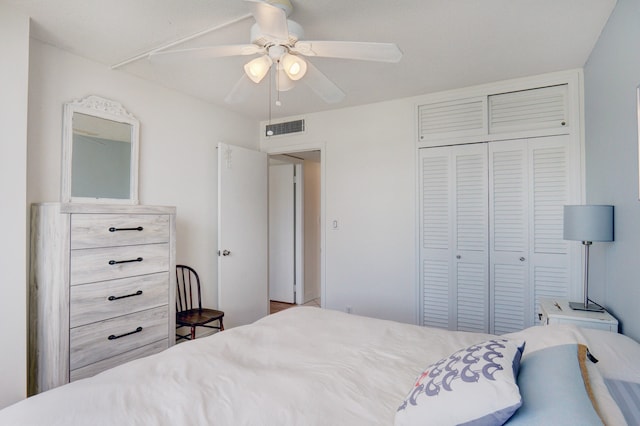 bedroom with ceiling fan and a closet